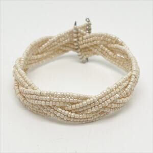Handmade Off-White Cream Braided Seed Bead Cuff Bracelet Hand Crafted